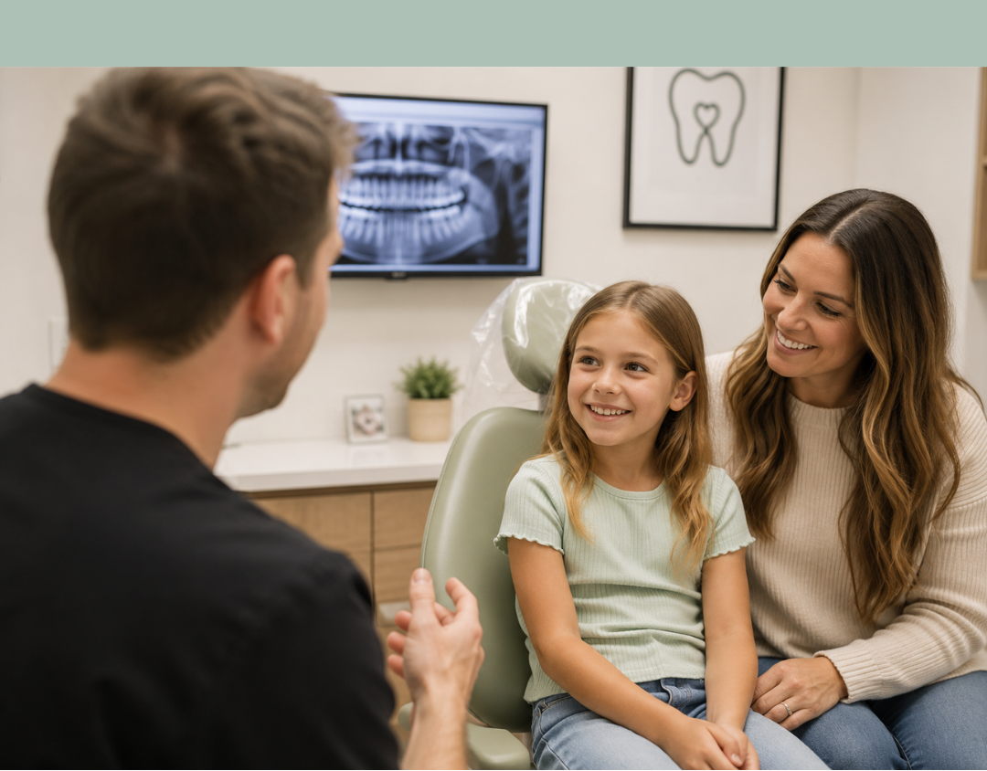 Dr. Perkins discussing dental care with a child and her mother