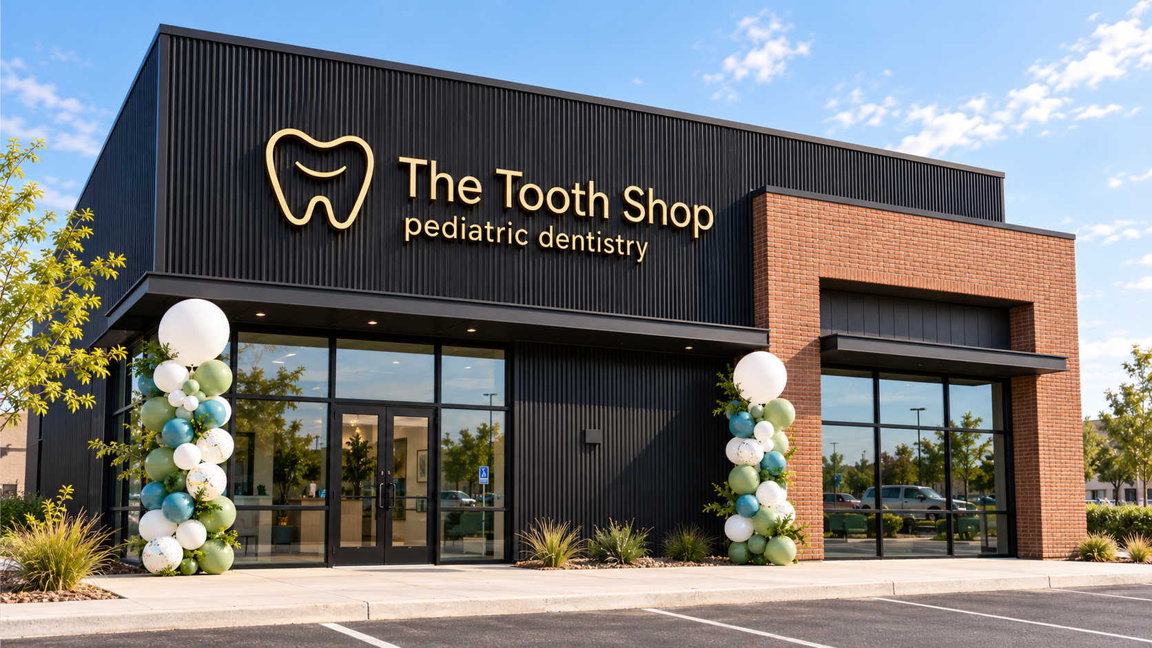 The Tooth Shop grand opening exterior with balloon columns