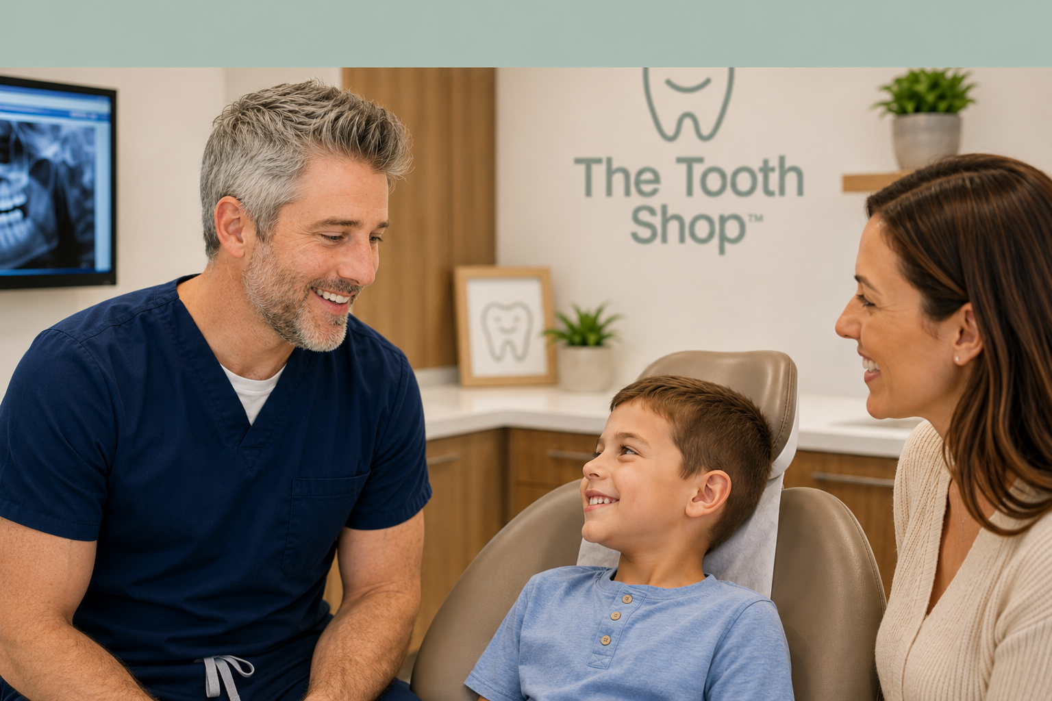 Dr. Jaron Perkins speaking with a child and parent at The Tooth Shop